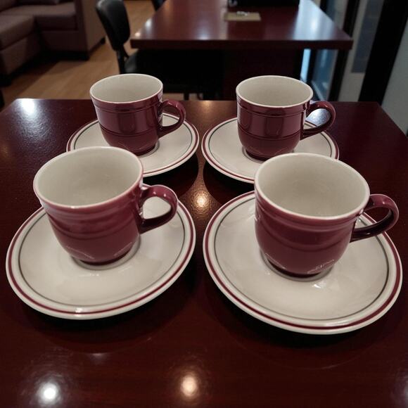 Newcor Regency Williamsburg Cup & Saucer Set Japan Red Floral Stoneware Set of 4 - Picture 1 of 16